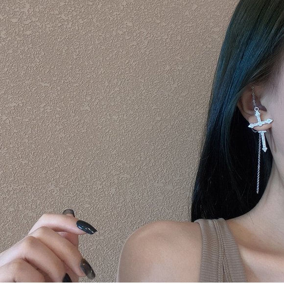 💙Rhinestones Cross Earrings Single Ear Climber - Picture 7 of 11